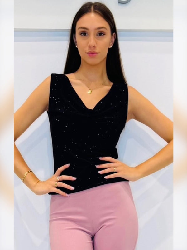Top in jersey laminato con collo a cappuccio