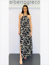 Abito lungo fantasia con scollo all'americana