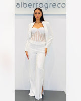 Completo bustier in pizzo, giacca e pantaloni in crepe