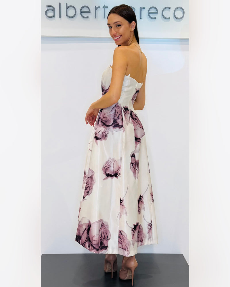 Abito midi bustier in raso fantasia