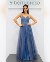 Abito lungo con corpetto ricamato e gonna in tulle glitterato