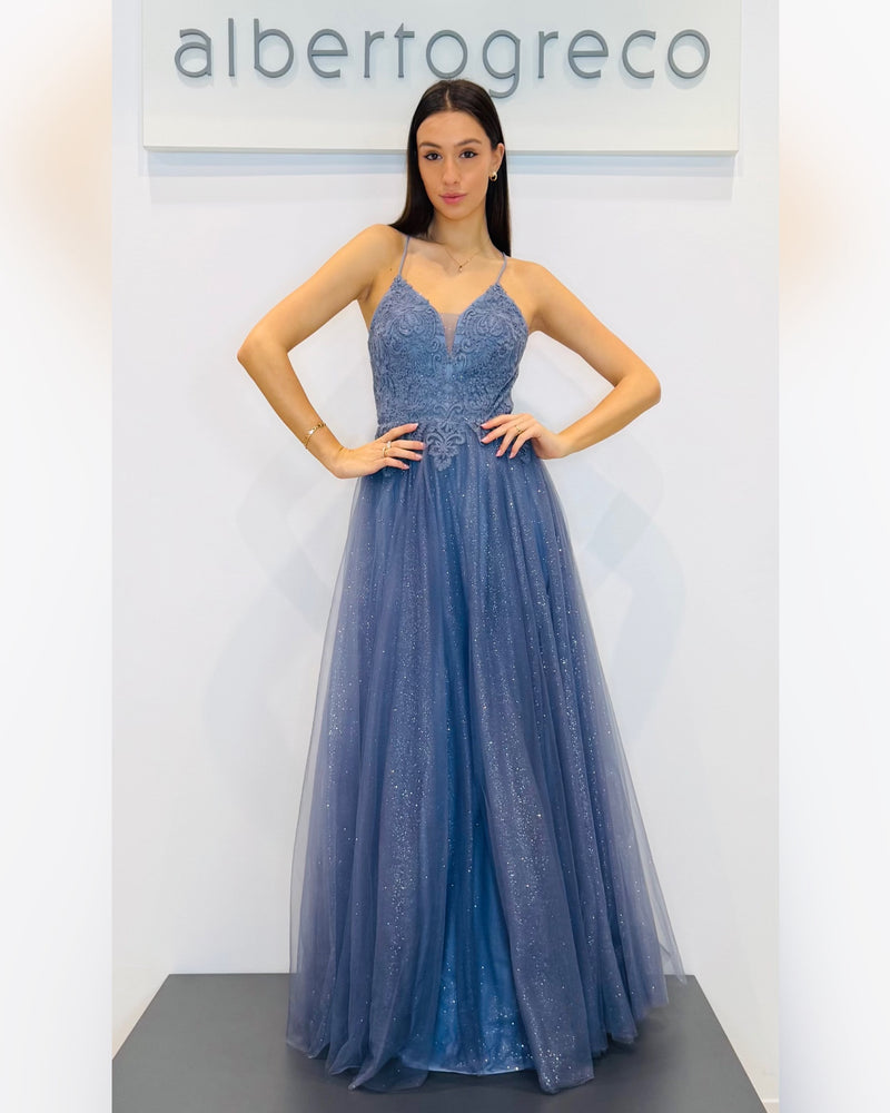 Abito lungo con corpetto ricamato e gonna in tulle glitterato