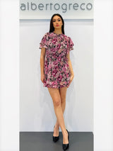 Abito corto con collo alla coreana fantasia