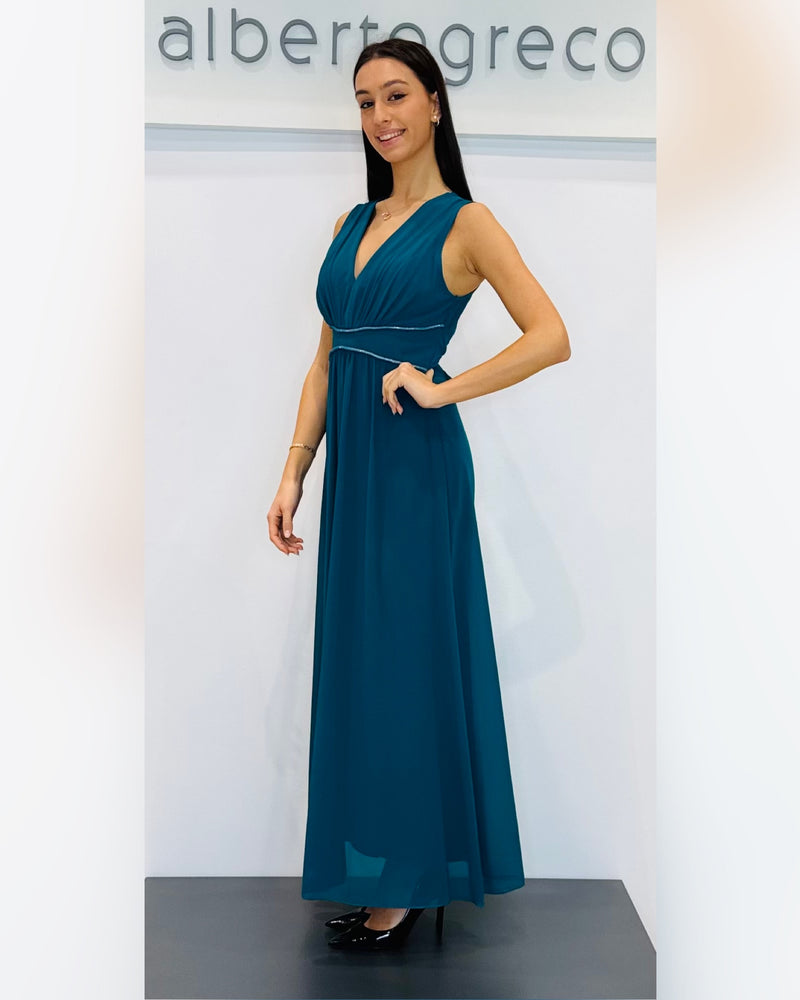 Abito lungo in georgette con cristalli in cintura