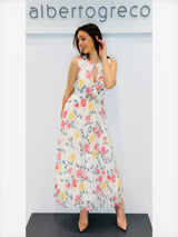 Abito in georgette fantasia con gonna plissettata
