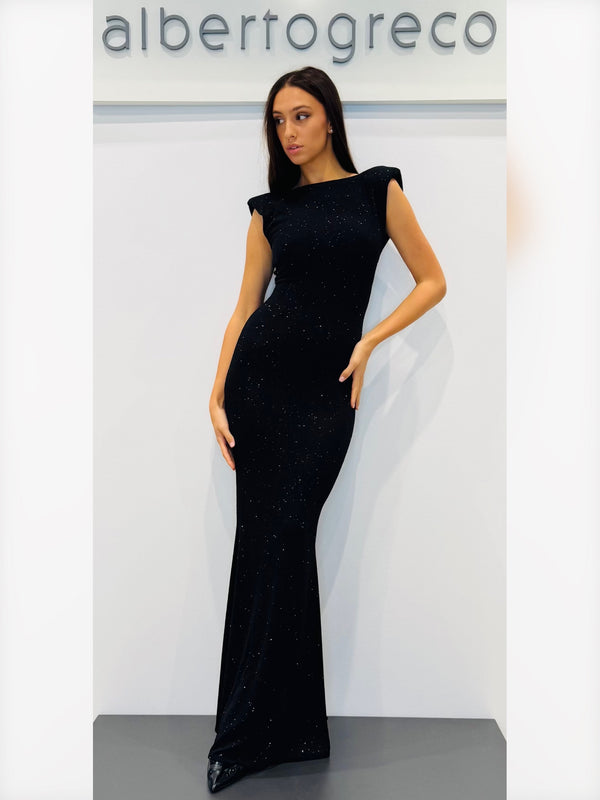 Abito lungo in jersey glitterato con scollo dietro