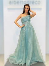 Abito con gonna ampia in tessuto goffrato glitterato