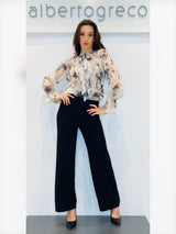 Blusa fantasia floreale con scollo a fiocco