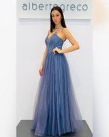 Abito lungo con corpetto ricamato e gonna in tulle glitterato
