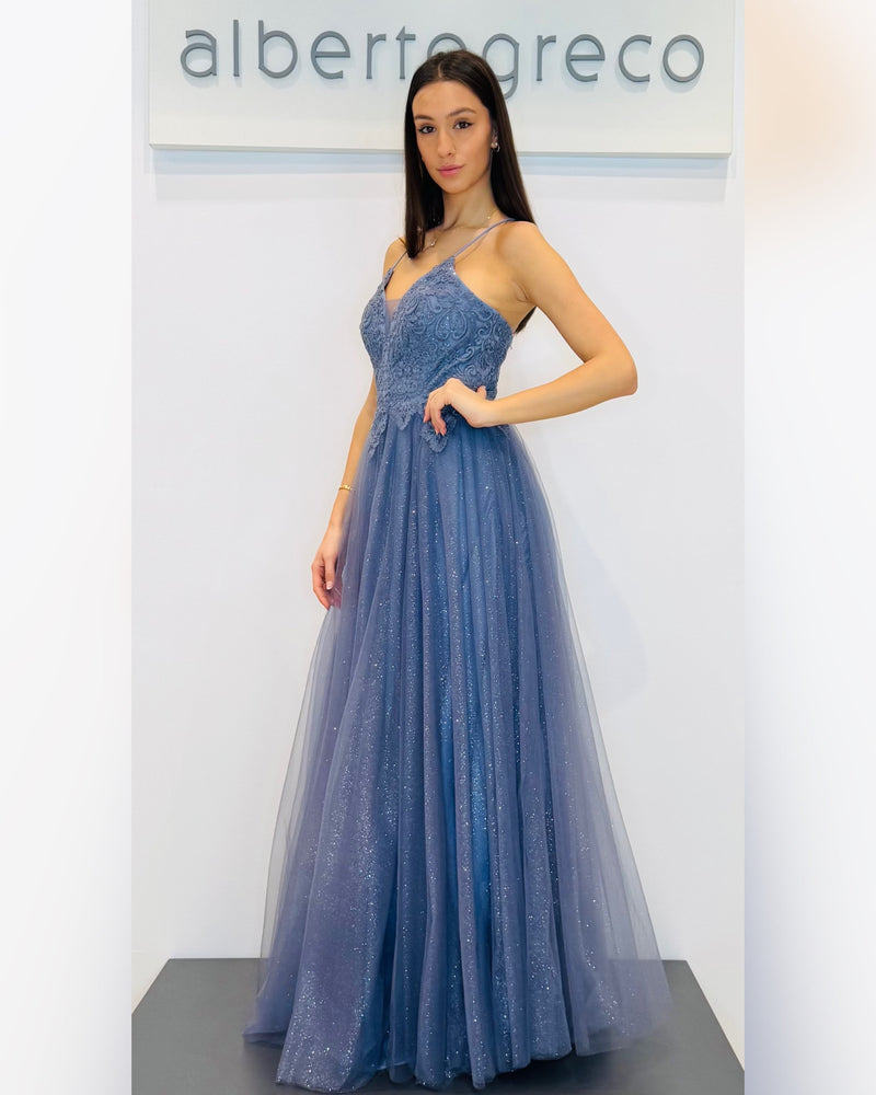 Abito lungo con corpetto ricamato e gonna in tulle glitterato