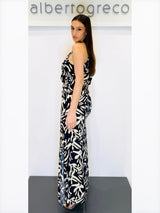 Abito lungo fantasia con scollo all'americana