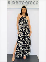 Abito lungo fantasia con scollo all'americana