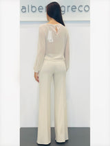 Blusa girocollo con davanti in tulle ricamato fantasia