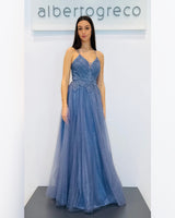 Abito lungo con corpetto ricamato e gonna in tulle glitterato