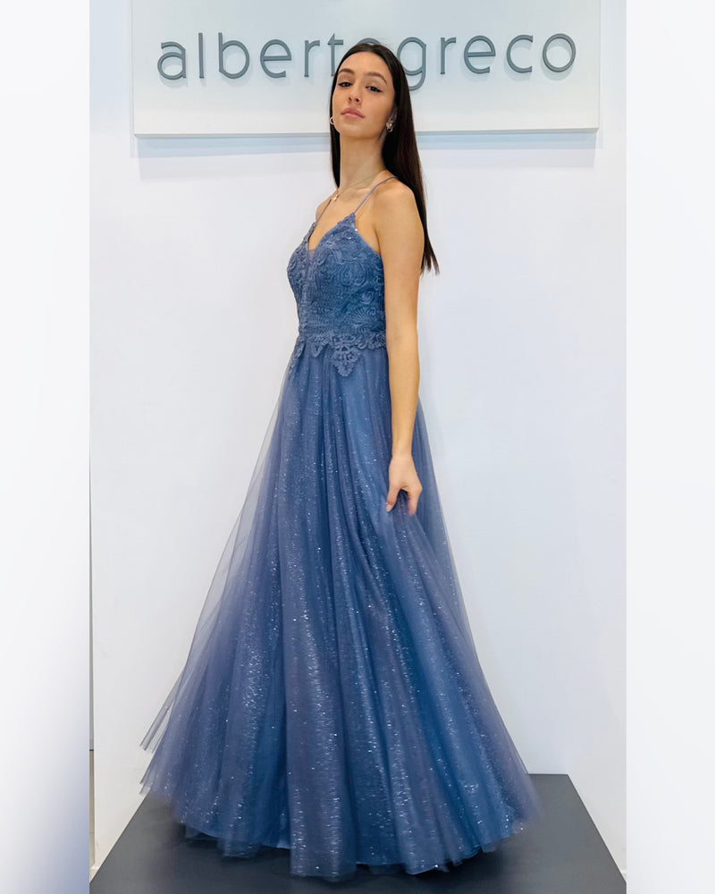 Abito lungo con corpetto ricamato e gonna in tulle glitterato