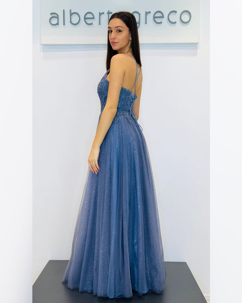 Abito lungo con corpetto ricamato e gonna in tulle glitterato