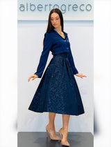 Gonna midì a pieghe in tessuto damascato