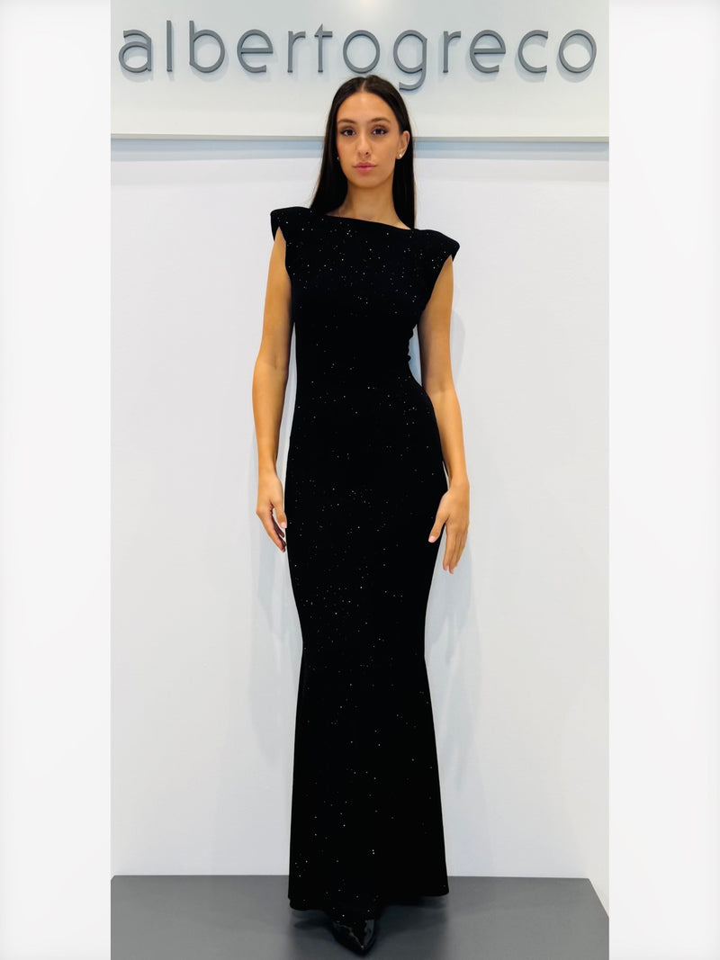 Abito lungo in jersey glitterato con scollo dietro