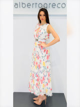 Abito in georgette fantasia con gonna plissettata