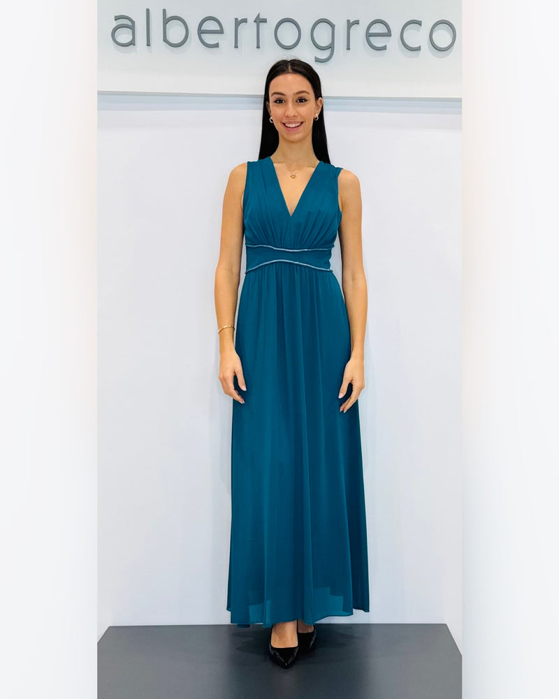 Abito lungo in georgette con cristalli in cintura