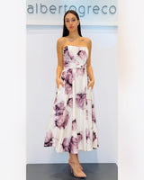 Abito midi bustier in raso fantasia