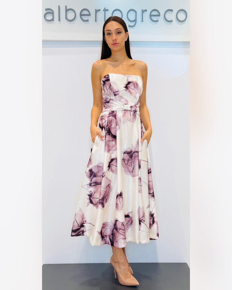 Abito midi bustier in raso fantasia
