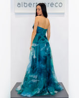 Abito bustier fantasia in organza con gonna ampia