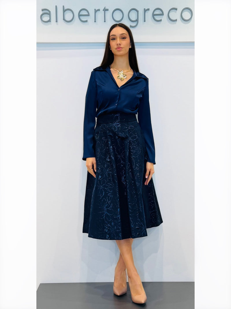 Gonna midì a pieghe in tessuto damascato