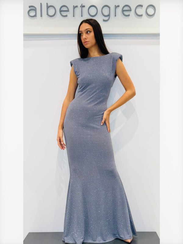 Abito lungo in jersey glitterato con scollo dietro