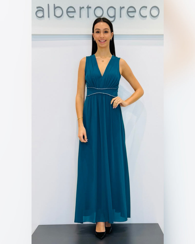 Abito lungo in georgette con cristalli in cintura