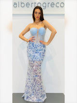Abito bustier a sirena con gonna ricamata
