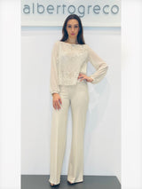 Blusa girocollo con davanti in tulle ricamato fantasia