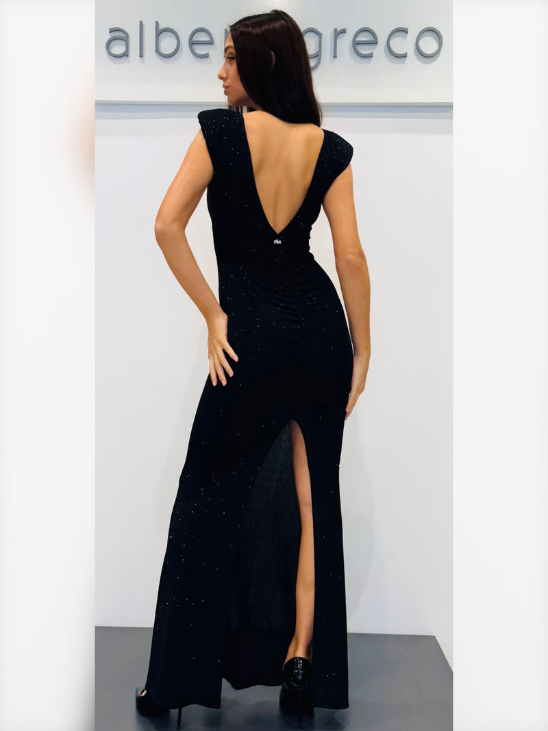 Abito lungo in jersey glitterato con scollo dietro