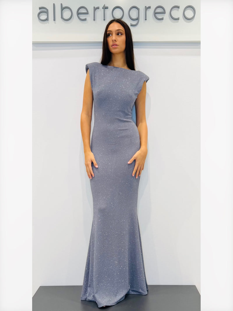 Abito lungo in jersey glitterato con scollo dietro