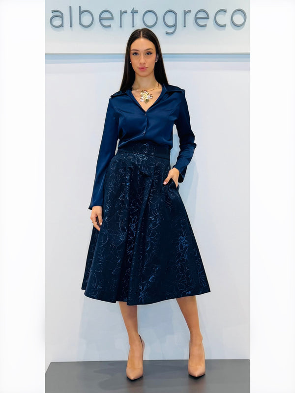 Gonna midì a pieghe in tessuto damascato