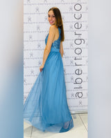 Abito con corpetto in paillettes e gonna in tulle