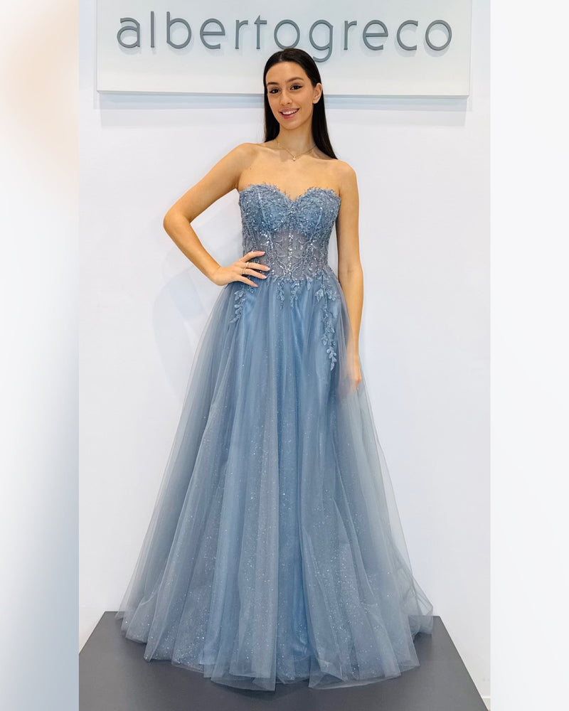 Abito lungo bustier con gonna ampia in tulle