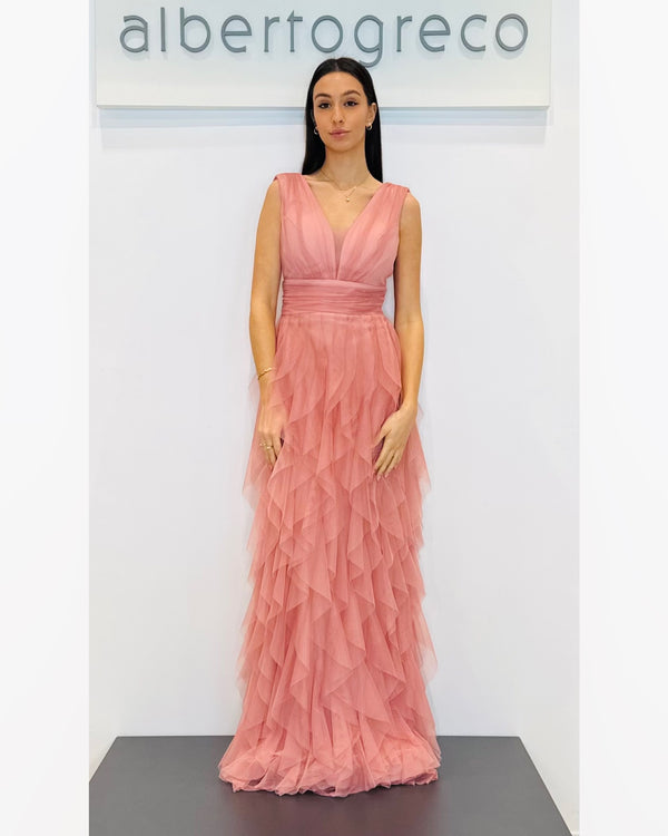 Abito con gonna con rouches applicate in tulle