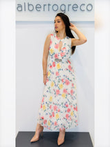 Abito in georgette fantasia con gonna plissettata