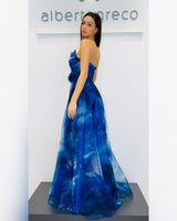 Abito bustier fantasia in organza con gonna ampia