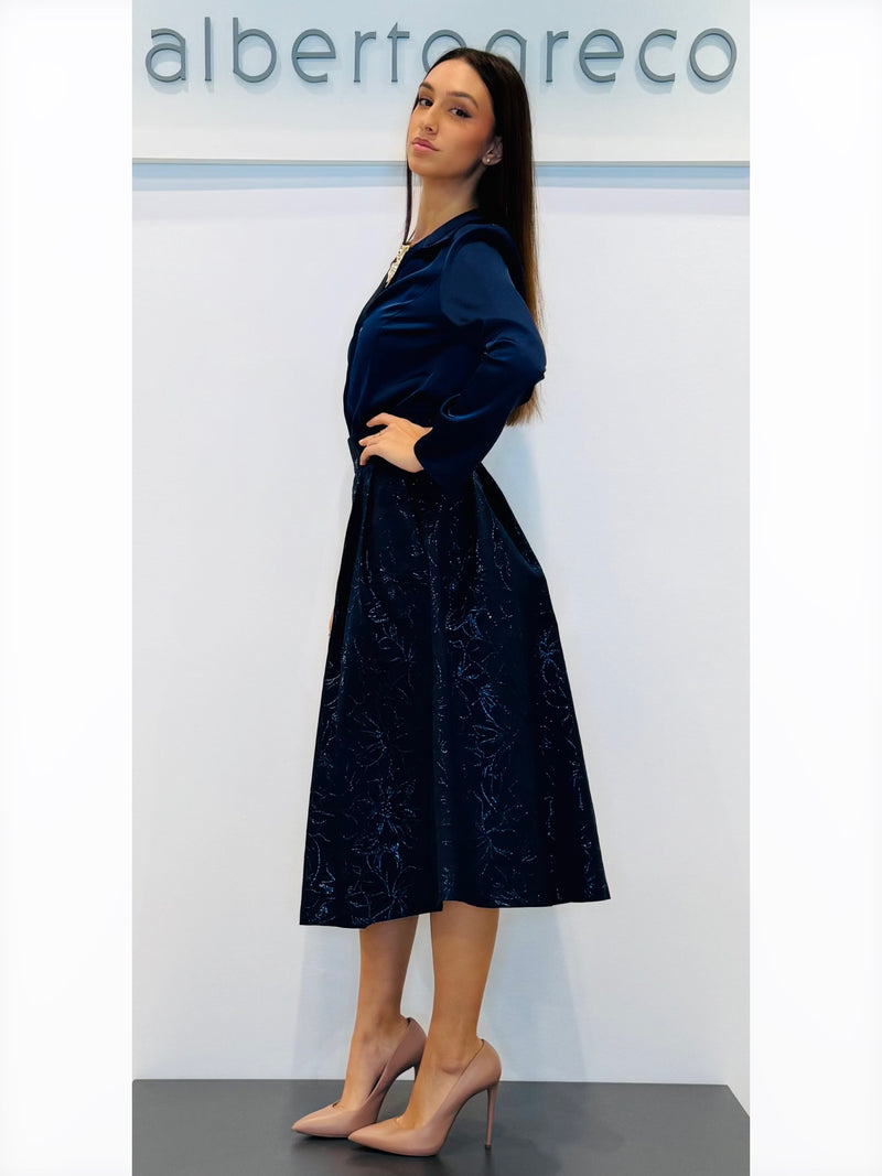 Gonna midì a pieghe in tessuto damascato