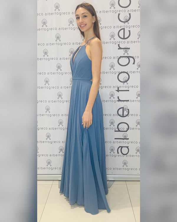 Abito con scollo all'americana e schiena con motivo a fiocco