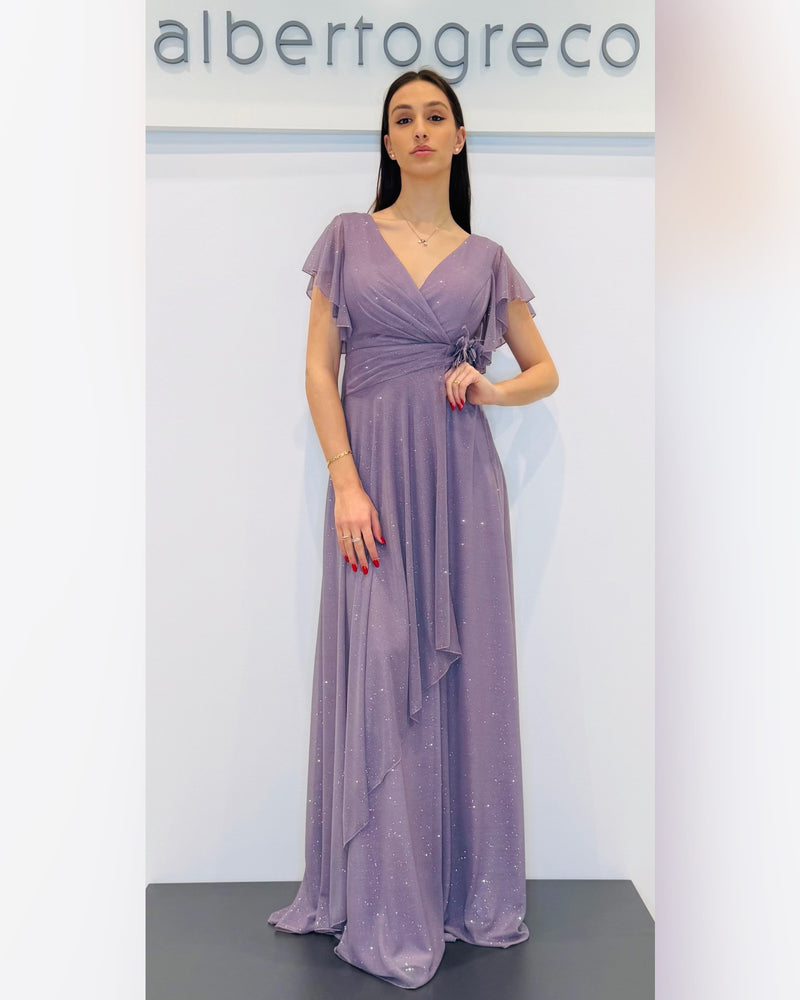 Abito con manica corta ad aletta in georgette con glitter