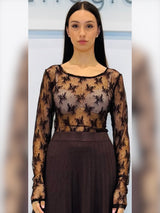 Blusa girocollo in tulle a motivo floreale