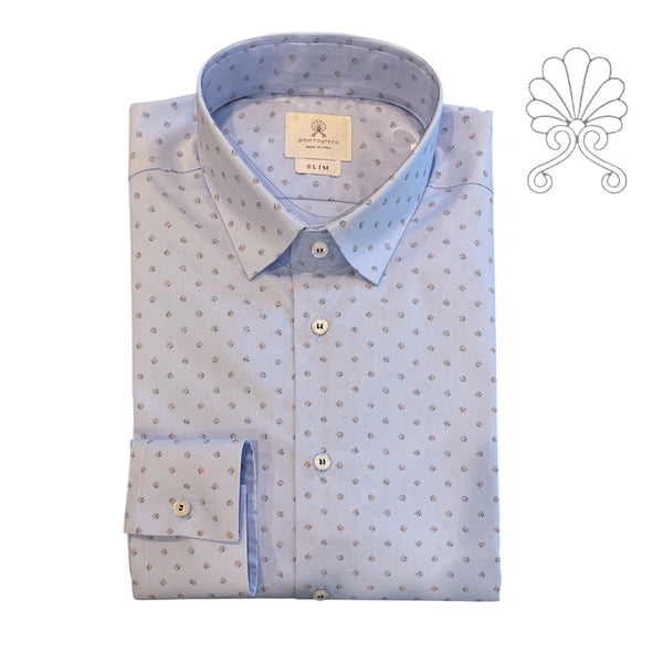 Camicia uomo fantasia stampa blu e bruciato