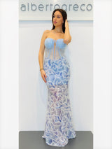 Abito bustier a sirena con gonna ricamata