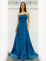 Abito lungo in raso con scollo a cuore