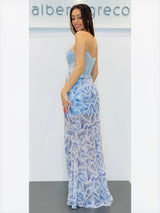 Abito bustier a sirena con gonna ricamata