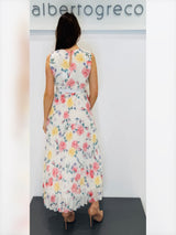 Abito in georgette fantasia con gonna plissettata