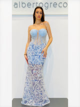 Abito bustier a sirena con gonna ricamata